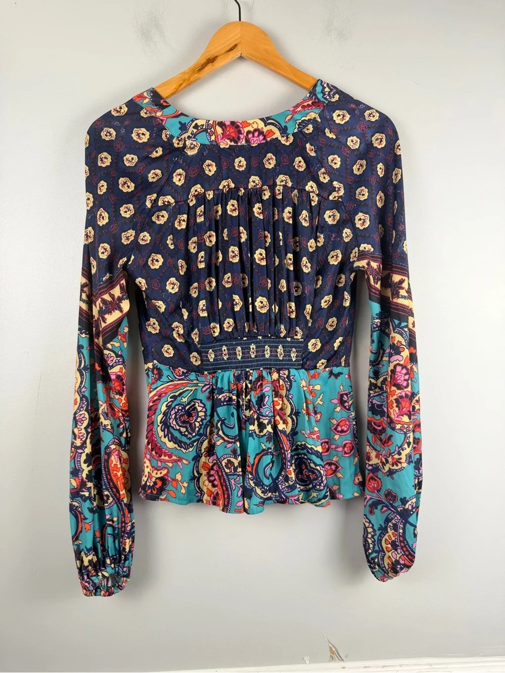 Free people multi print satin tie button long sleeve blouse size small